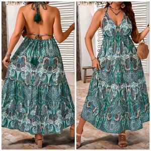 New Boho Paisley Floral Halter Tie Maxi Dress PLUS Teal Blue Green White